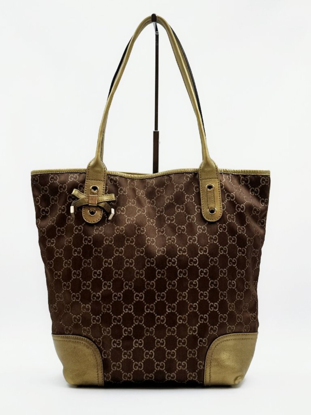 Gucci GG Monogram Brown Gold Trim Tote Shoulder Bag